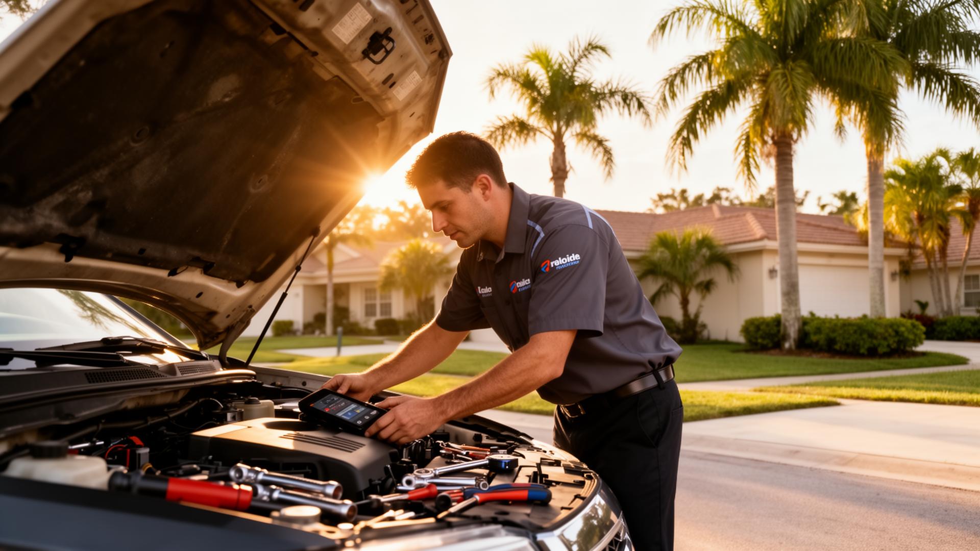 Mobile mechanic running diagnostics under the hood of a car in a customer's driveway.
